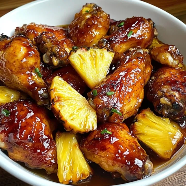A bowl of chicken wings with brown sugar and pineapple.