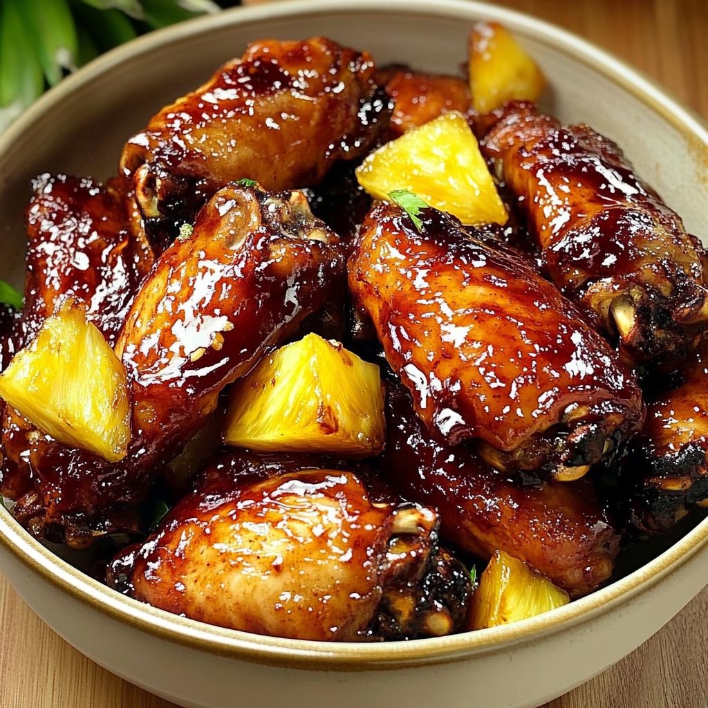 A bowl of chicken wings with pineapple.