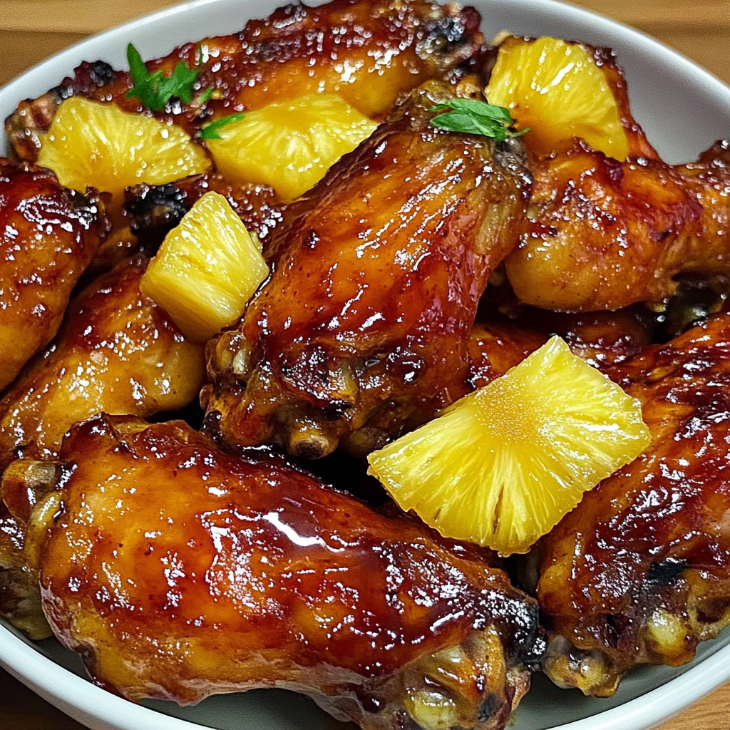 A bowl of chicken wings with pineapple.