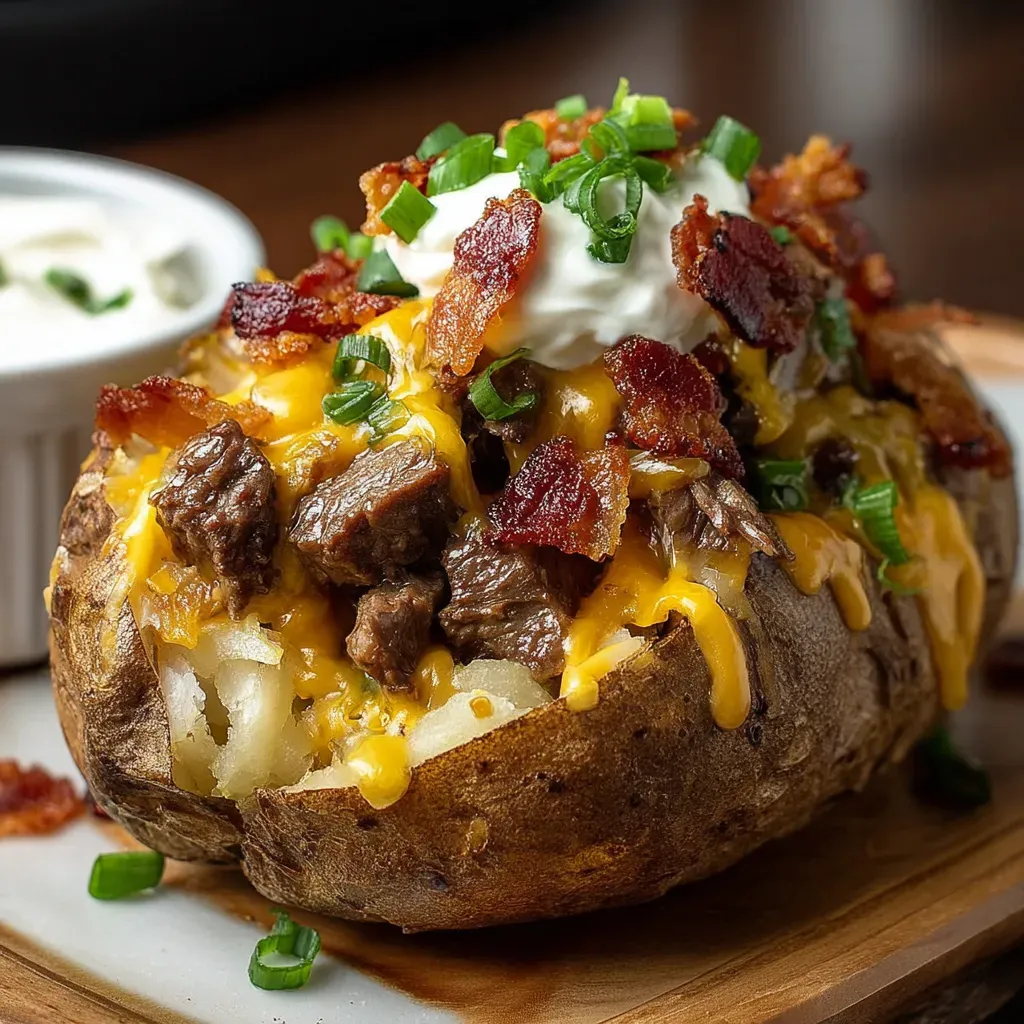 A loaded baked potato with steak bites.