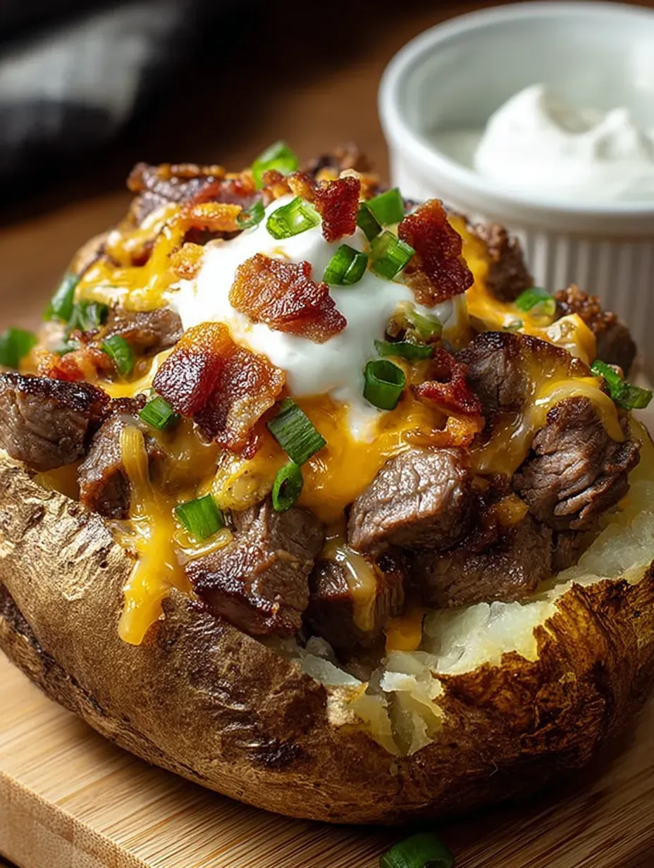 A loaded baked potato with cheese and bacon.