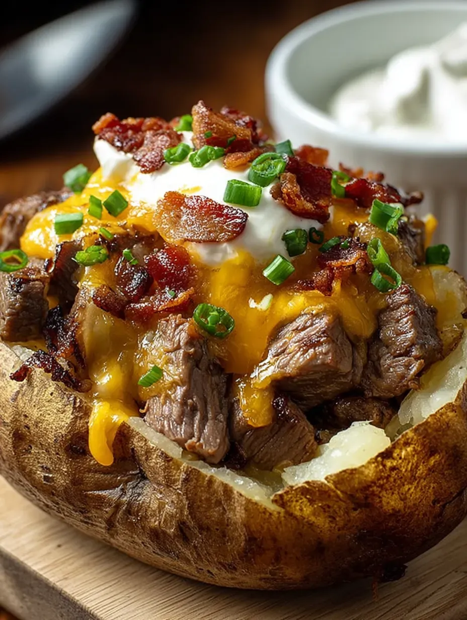 A loaded baked potato steak bite with cheese and bacon.