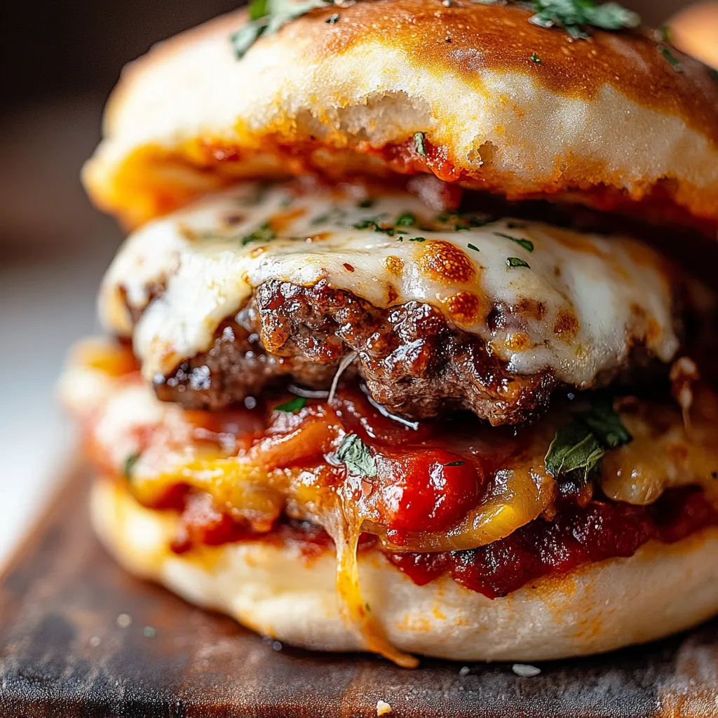 A pizza burger with cheese and tomato sauce.