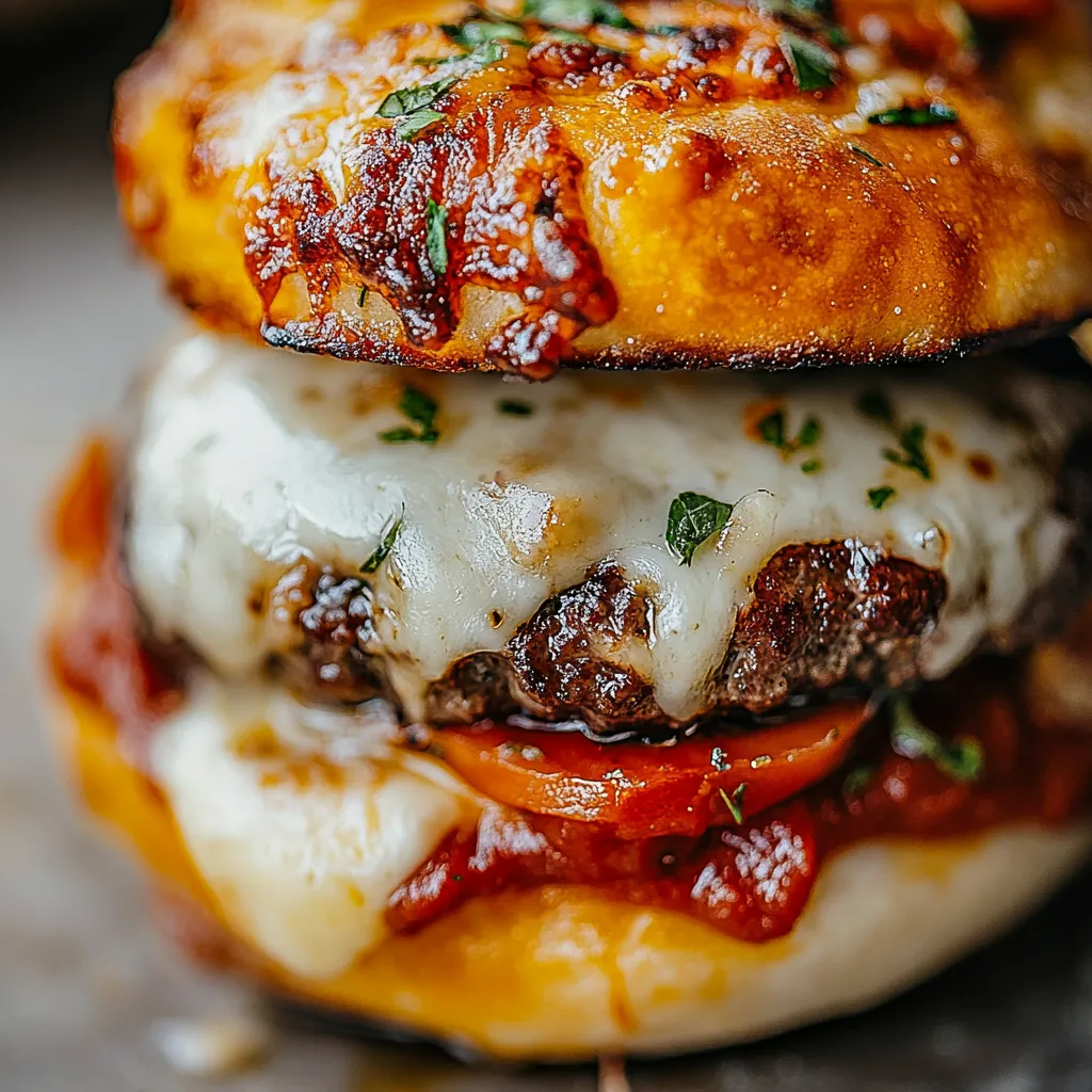 A close up of a pizza burger with cheese and tomato.
