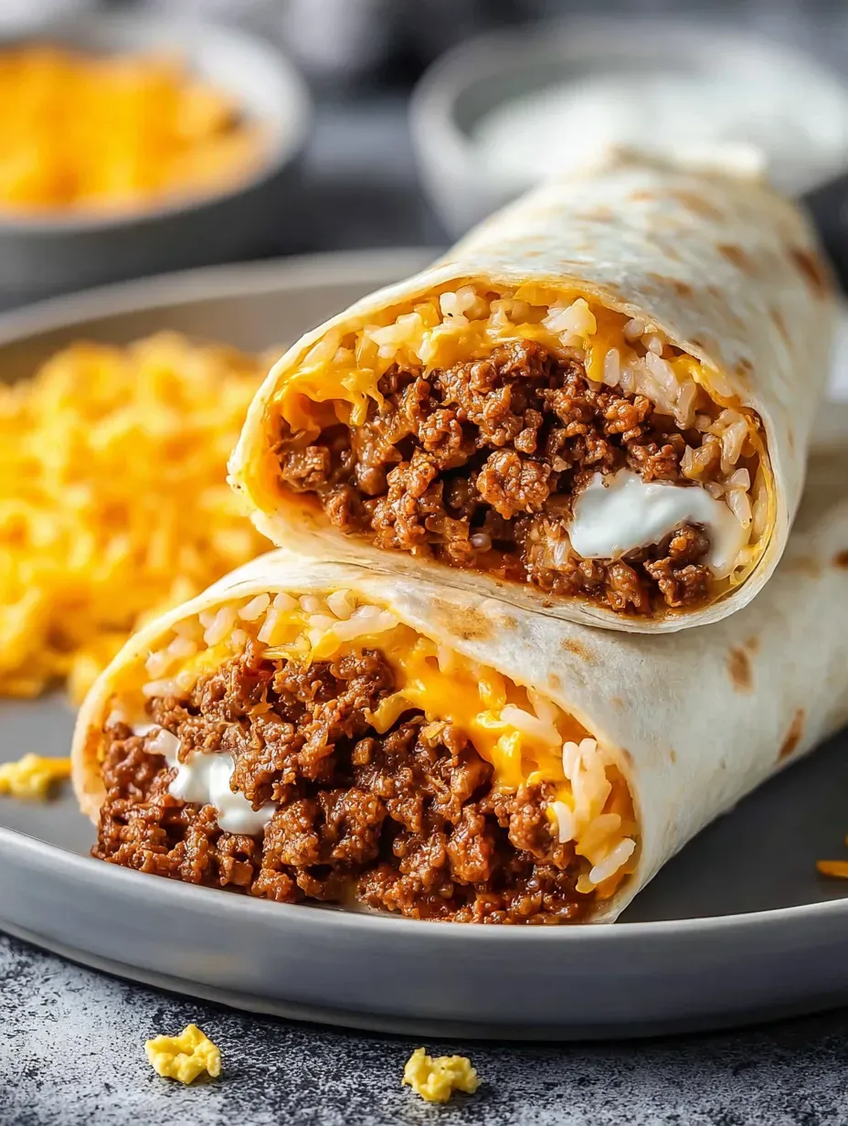 A burrito with rice and beef.