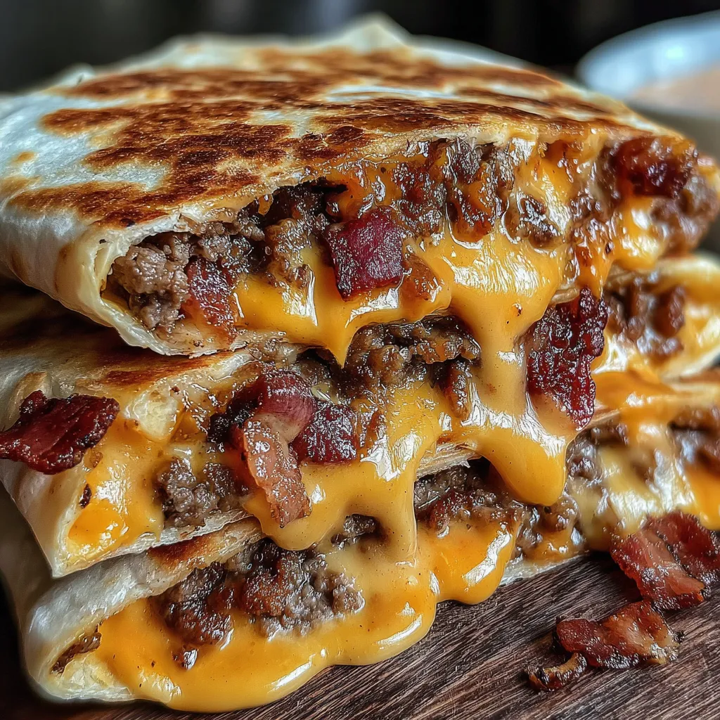 A stack of maple bacon cheeseburger bomb quesadillas.