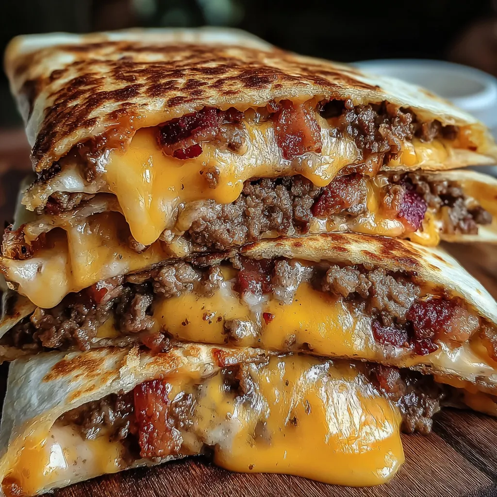 A stack of Maple Bacon Cheeseburger Bomb Quesadillas.