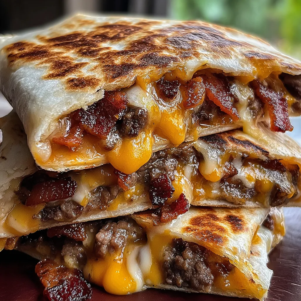 A stack of Maple Bacon Cheeseburger Bomb Quesadillas.