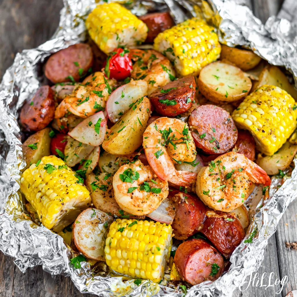 A foil pack of shrimp, corn, potatoes, and smoked sausage.