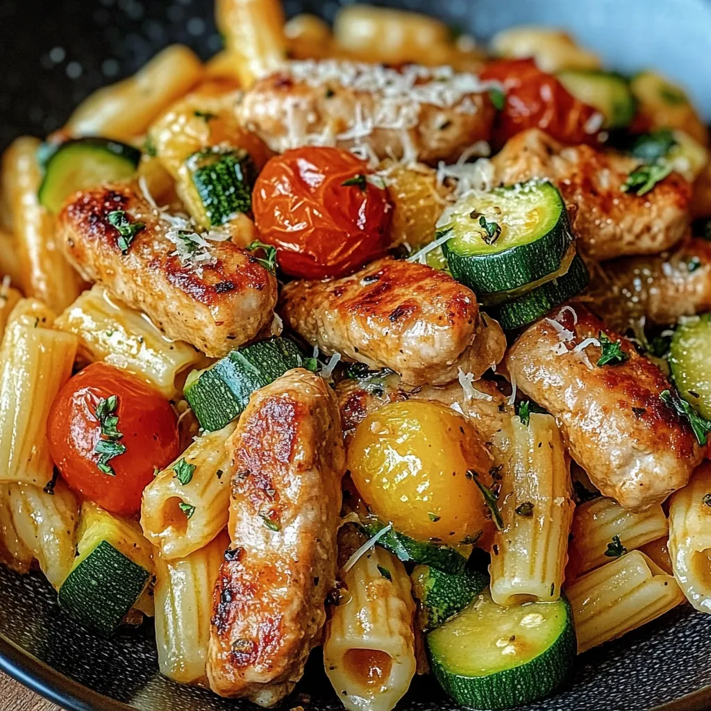 A plate of pasta with chicken sausages, tomatoes, and zucchini.