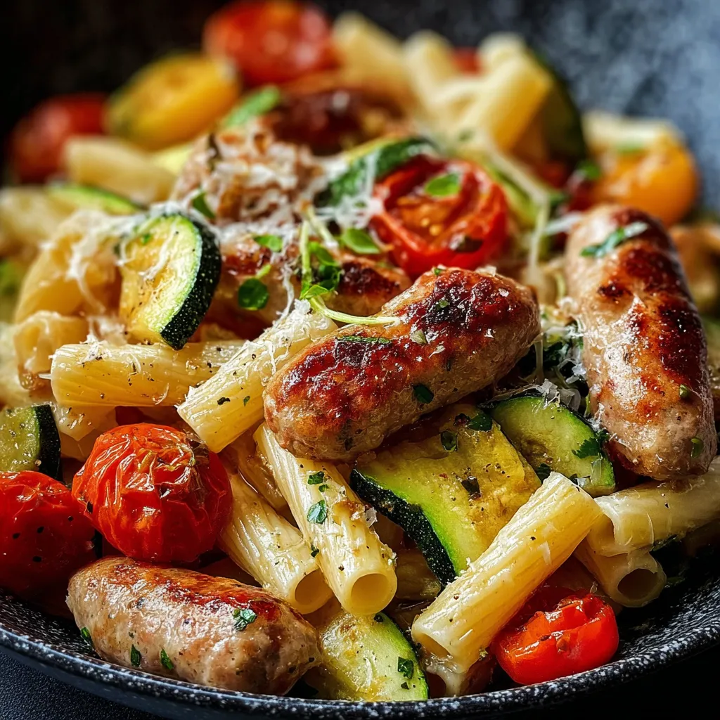 A plate of pasta with chicken sausages and zucchini.