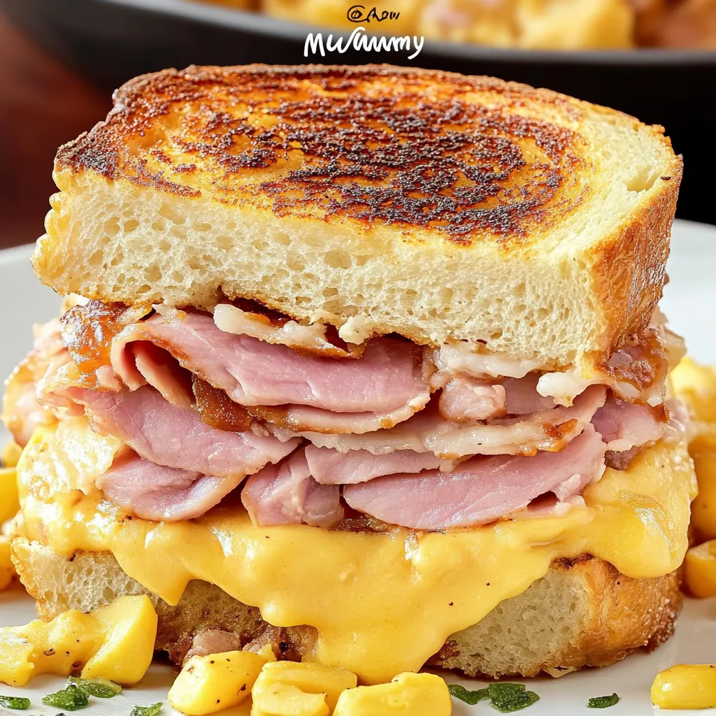A breakfast sandwich with ham and cheese.