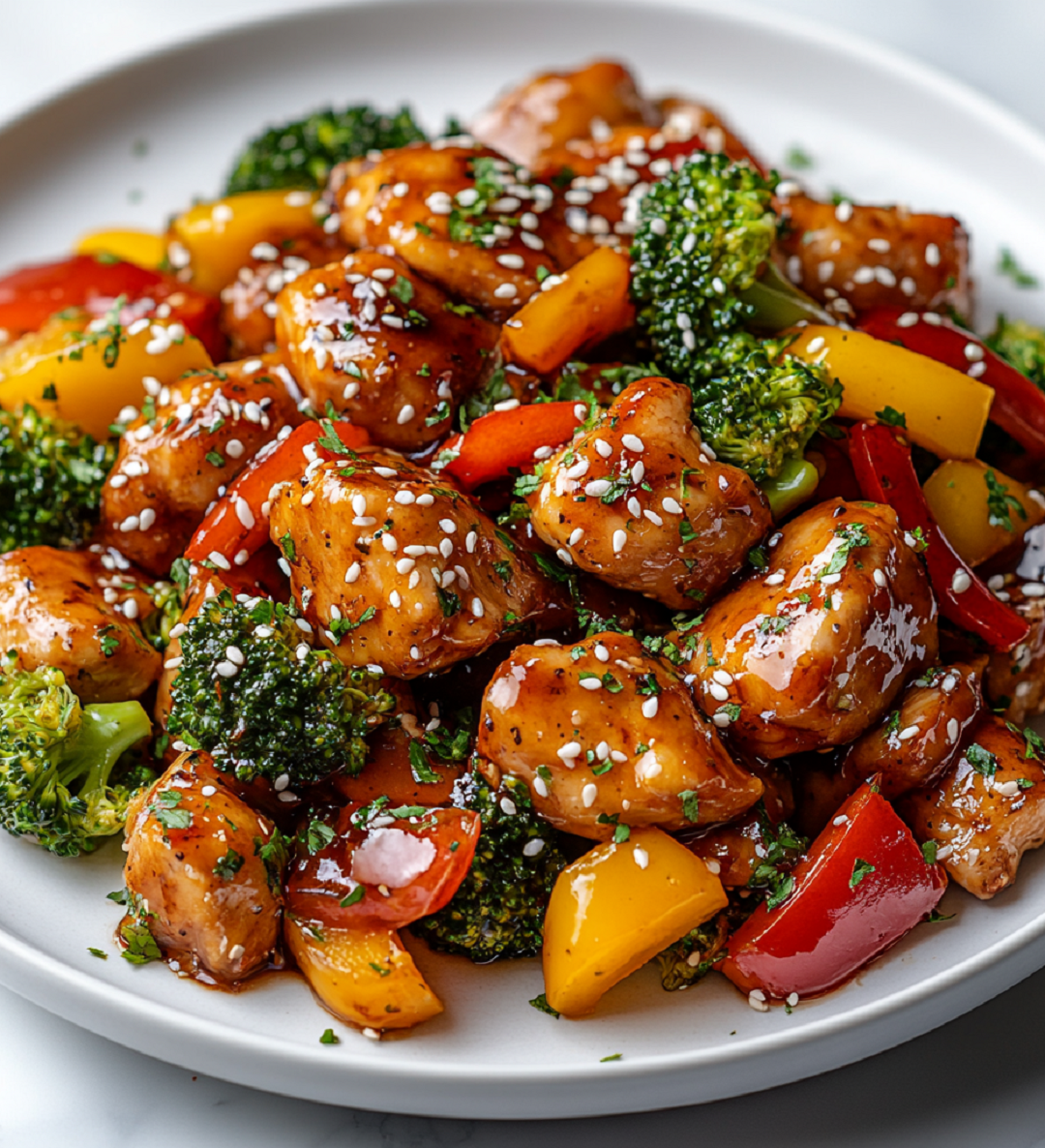 A plate of garlic sesame chicken with sliced peppers.