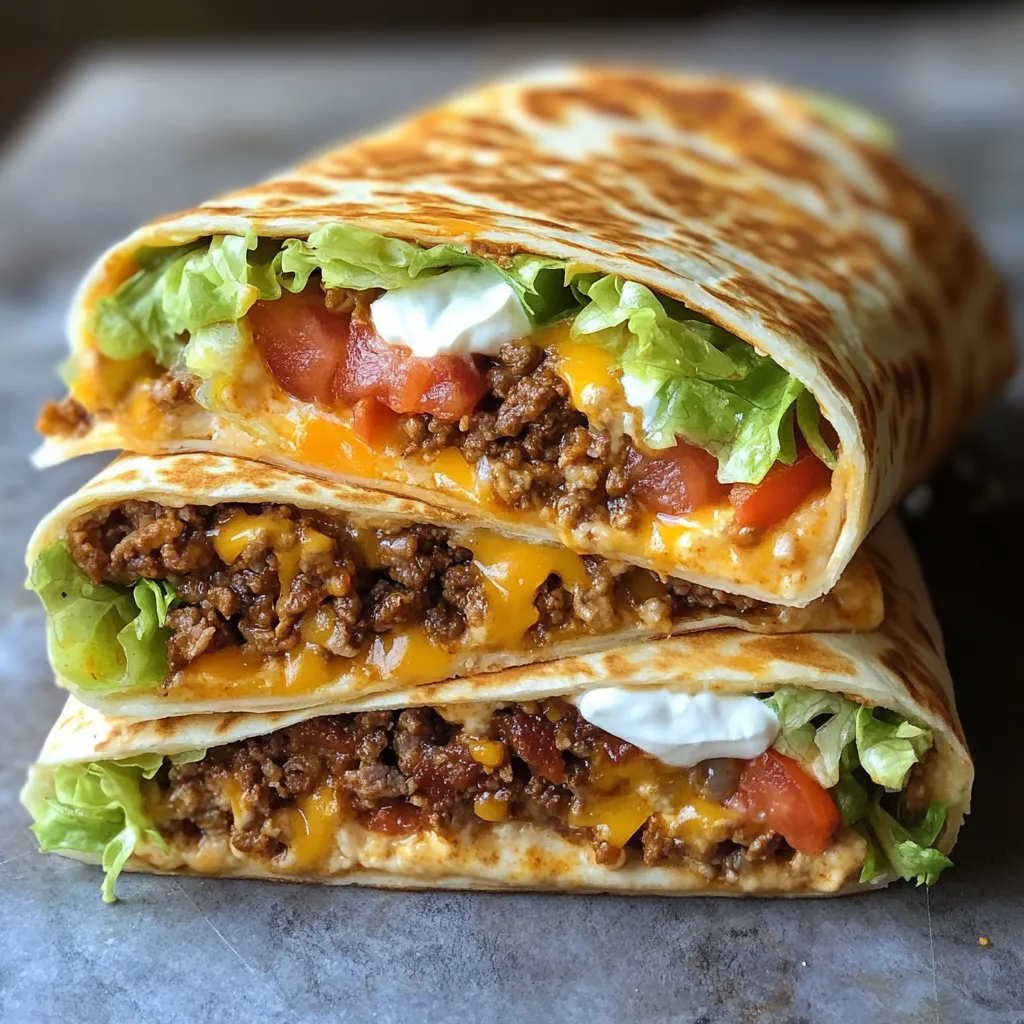 A copycat Crunchwrap Supreme is made with lettuce, tomatoes, cheese, and meat.