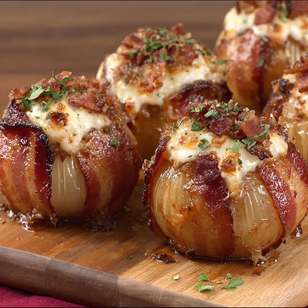 Bacon cheddar onion bombs on a wooden cutting board.