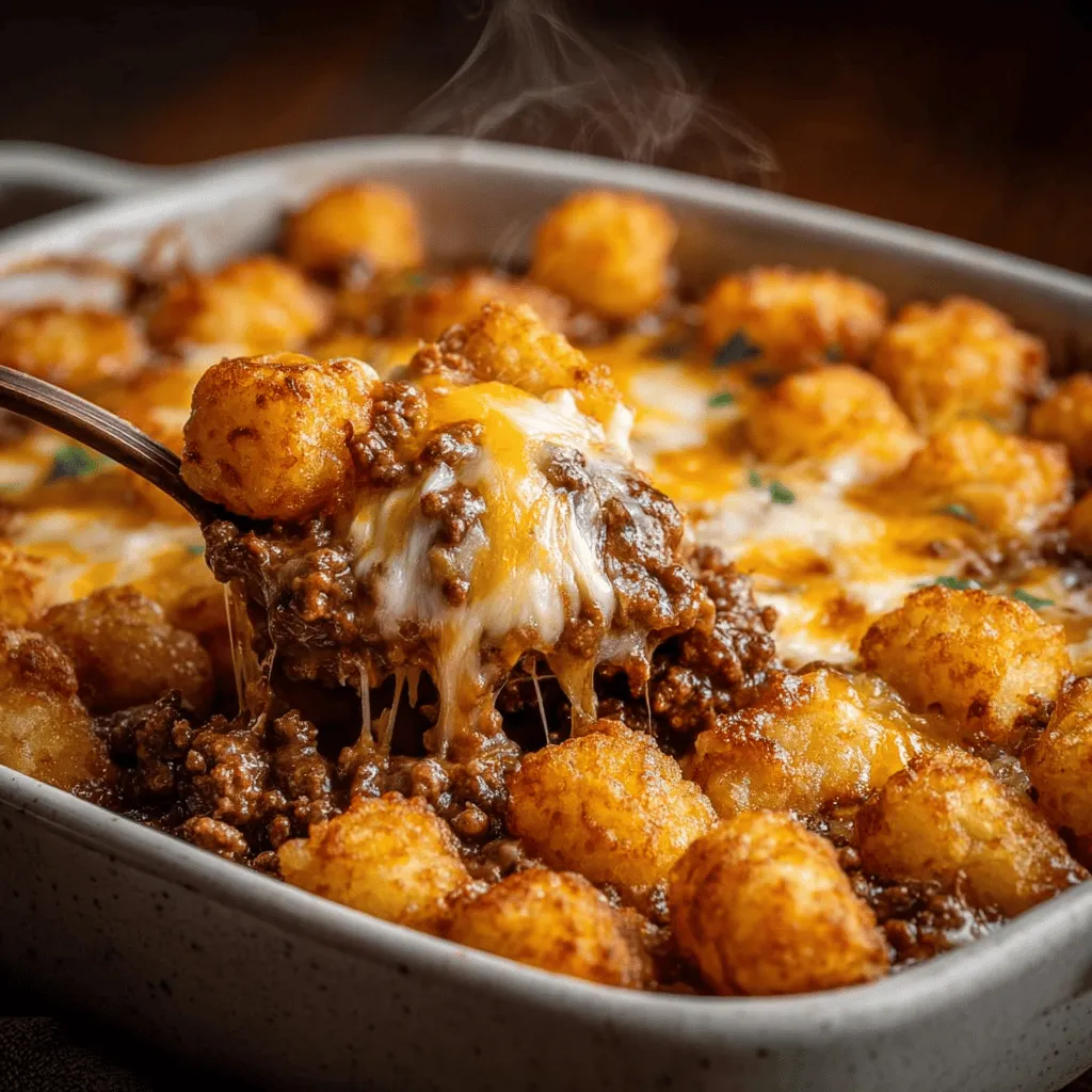 A cheesy ground beef tater tot casserole.