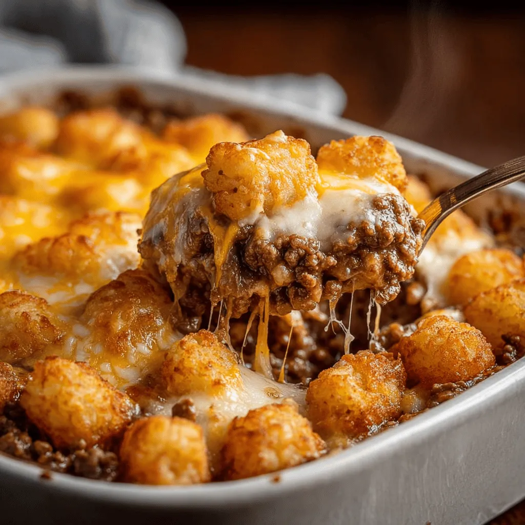 A fork is in a cheesy ground beef tater tot.