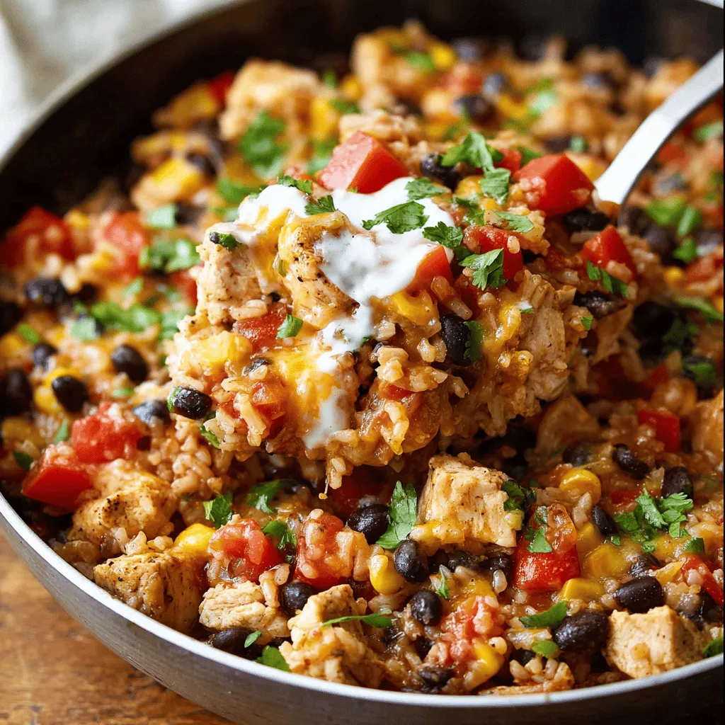 A bowl of food with rice, beans, tomatoes, and chicken.