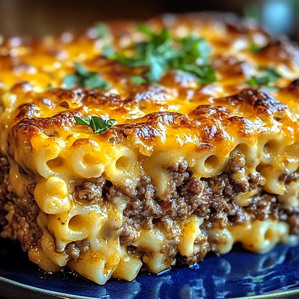 A close up of a delicious mac and cheese meatloaf casserole.