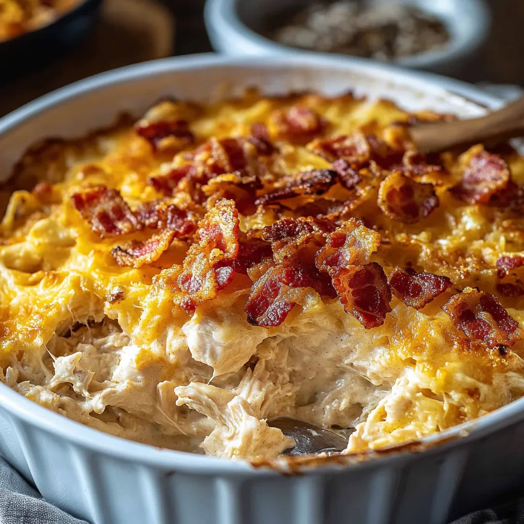 A dish of bacon ranch chicken casserole.
