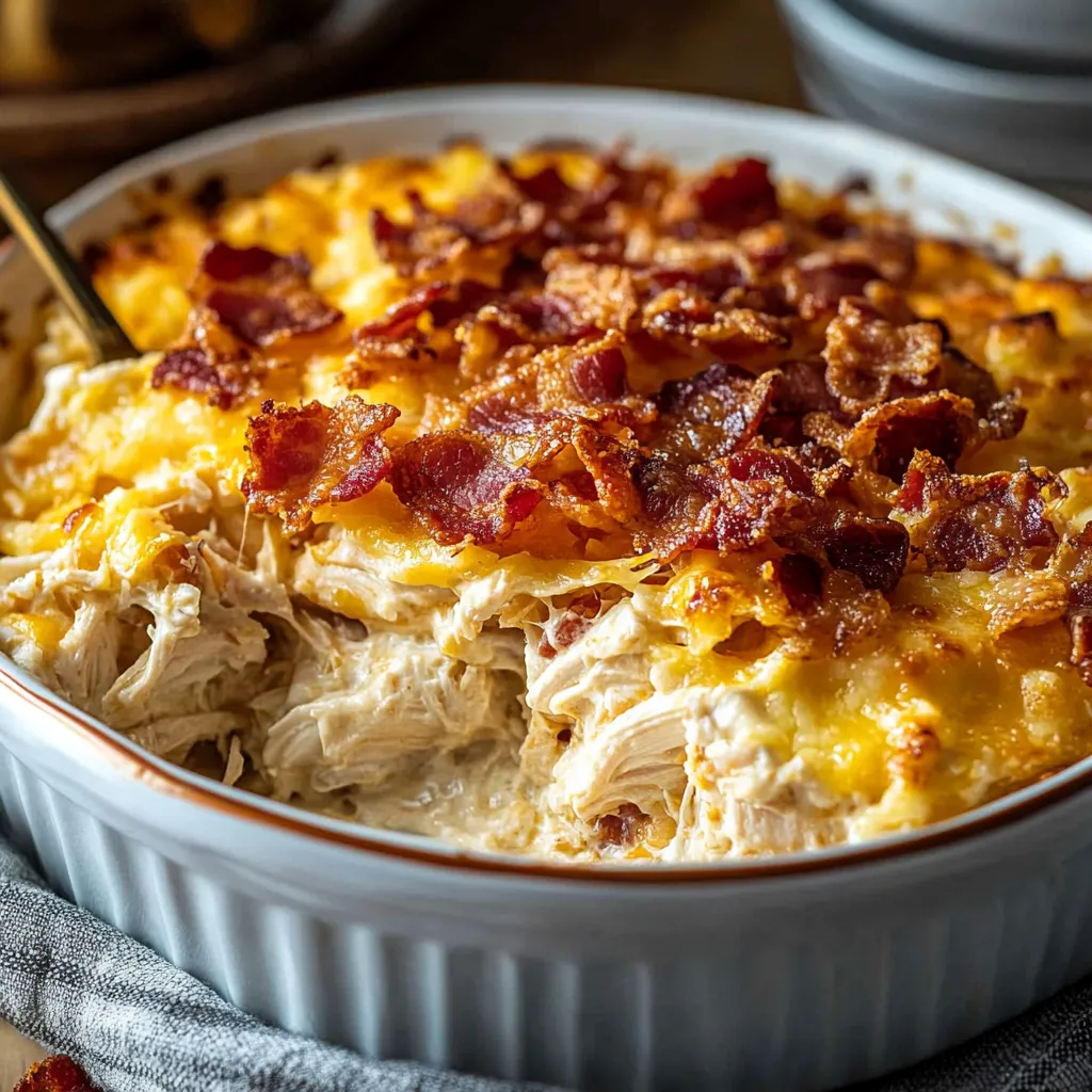 A white bowl filled with a delicious bacon ranch chicken casserole.