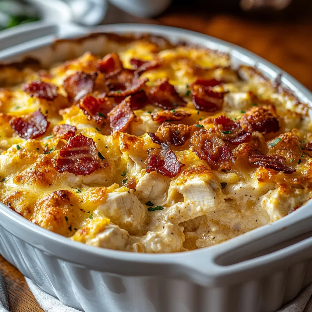 A dish of bacon ranch chicken casserole.