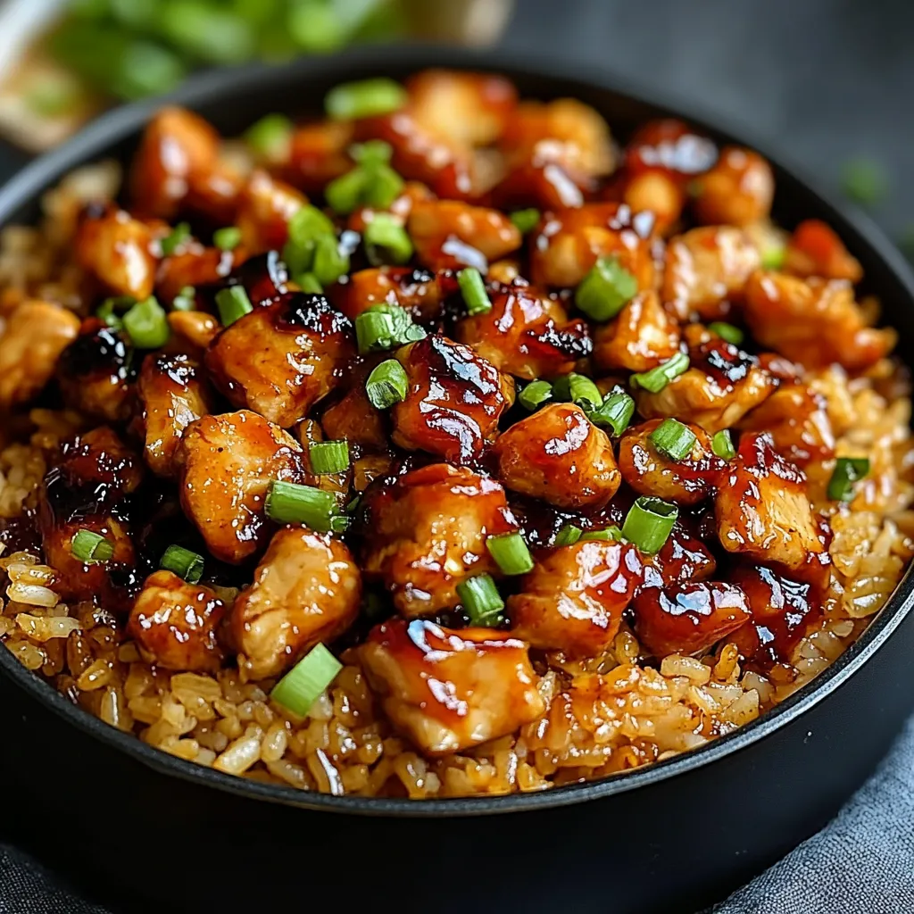 A plate of rice with chicken and sauce.