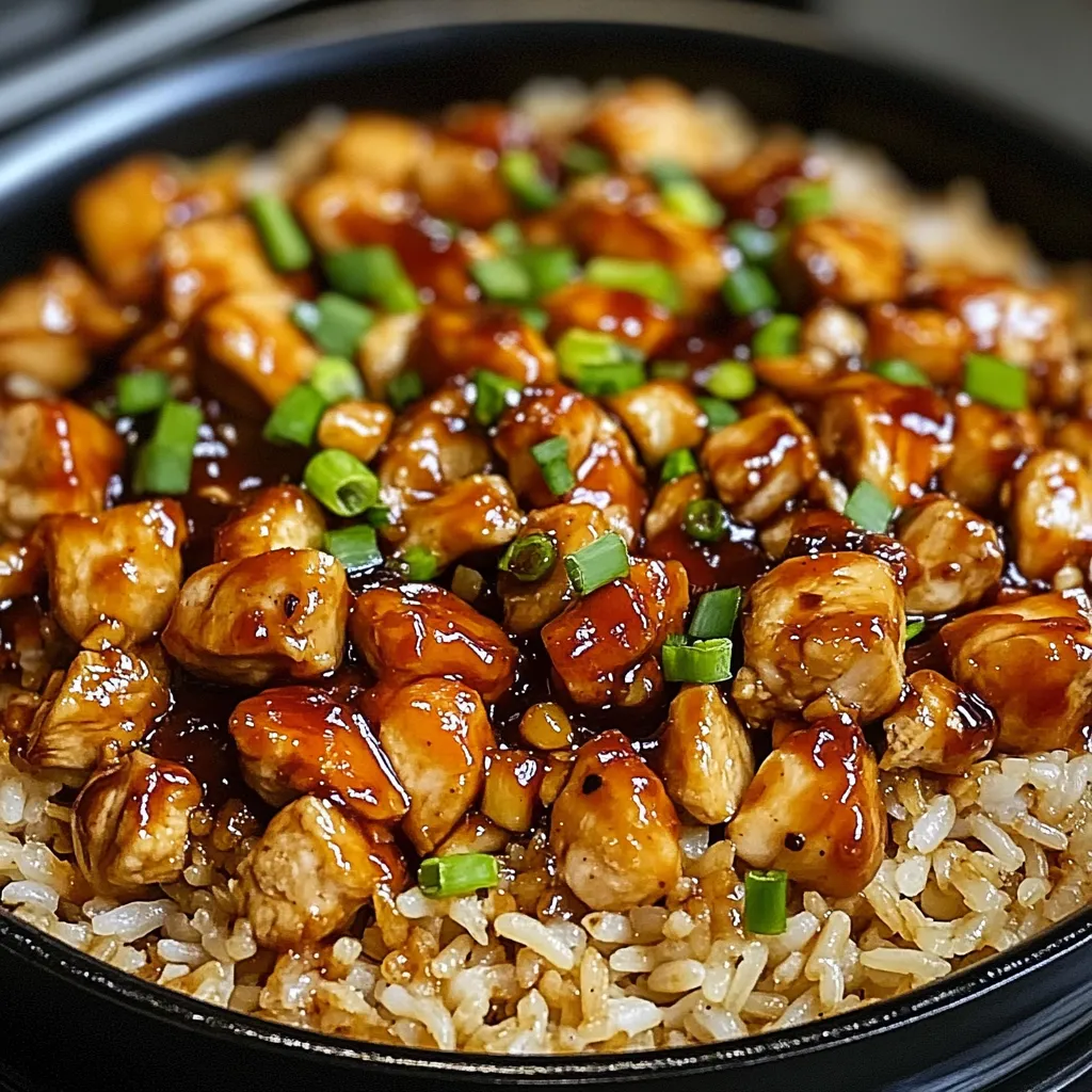 A close up of a plate of rice with chicken and sauce.