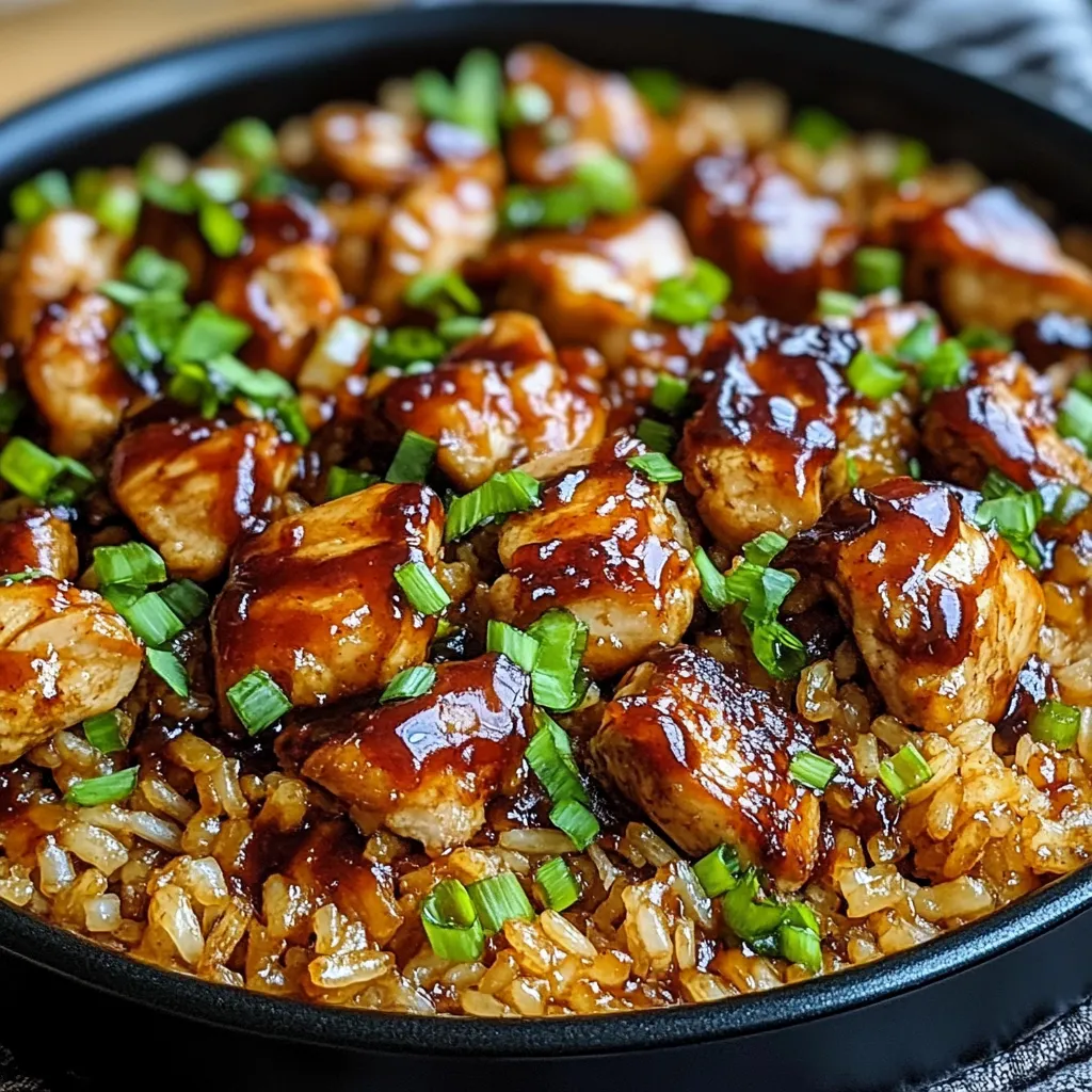 A plate of rice with chicken and sauce.