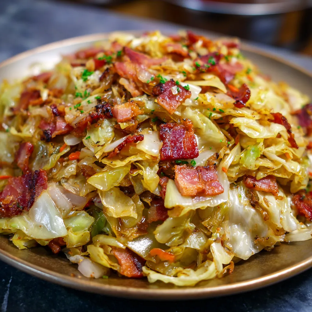 A plate of food with bacon, cabbage, and onions.