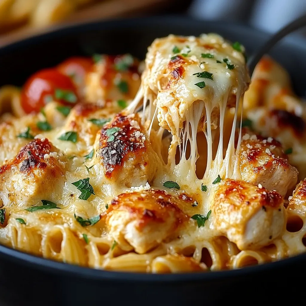 A bowl of pasta with chicken and cheese.