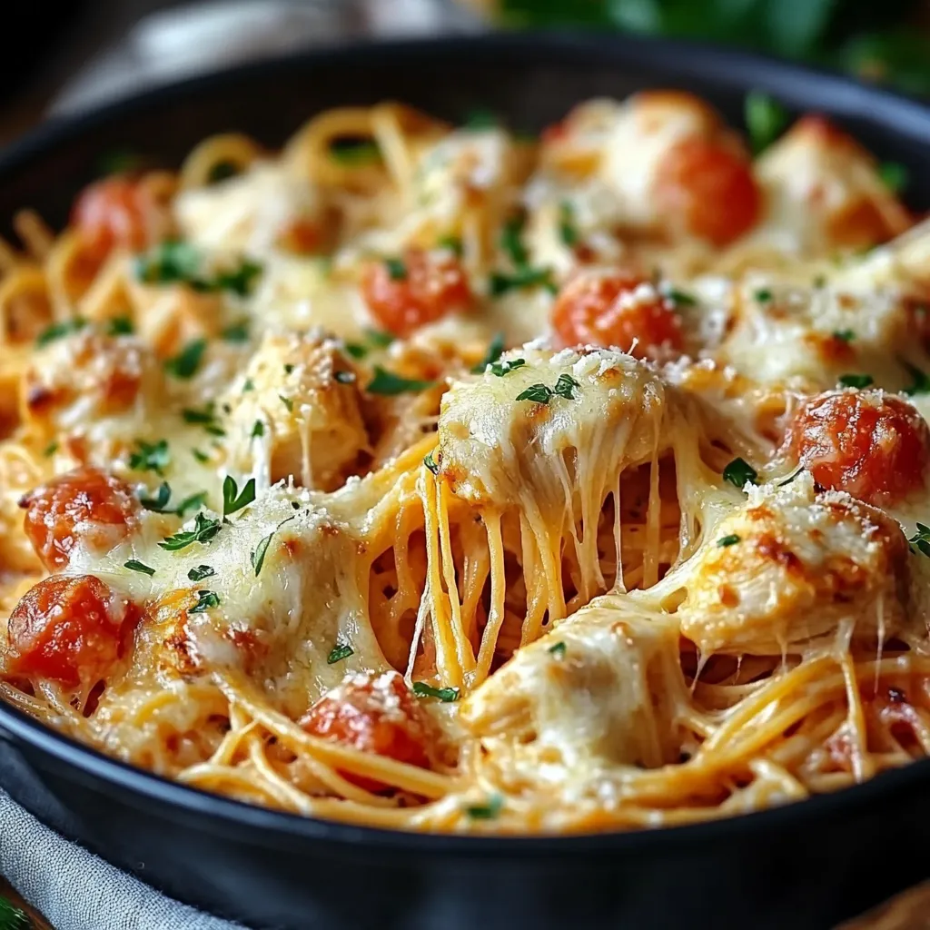 A dish of pasta with chicken and cheese.