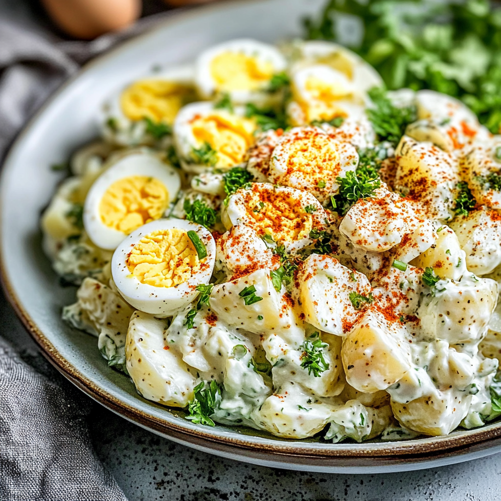 A plate of potato salad with eggs.