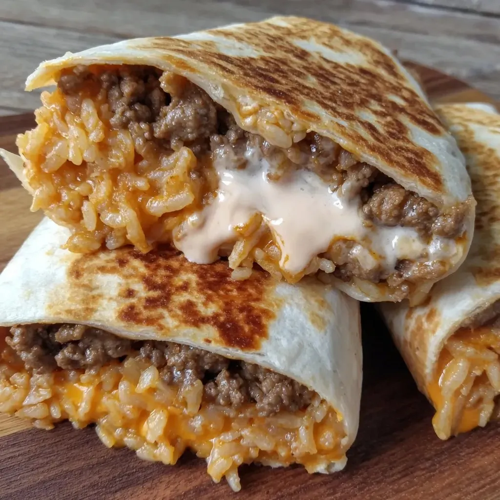 A burrito with rice and meat on top.