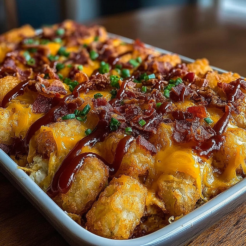 A loaded BBQ turkey bacon tater tot casserole.
