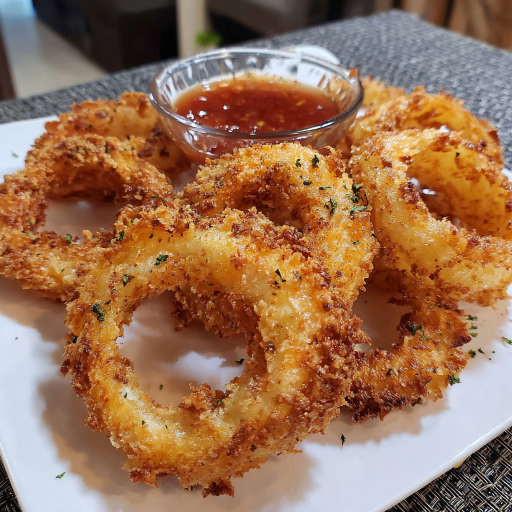 Crispy air fryer onion rings on a plate.
