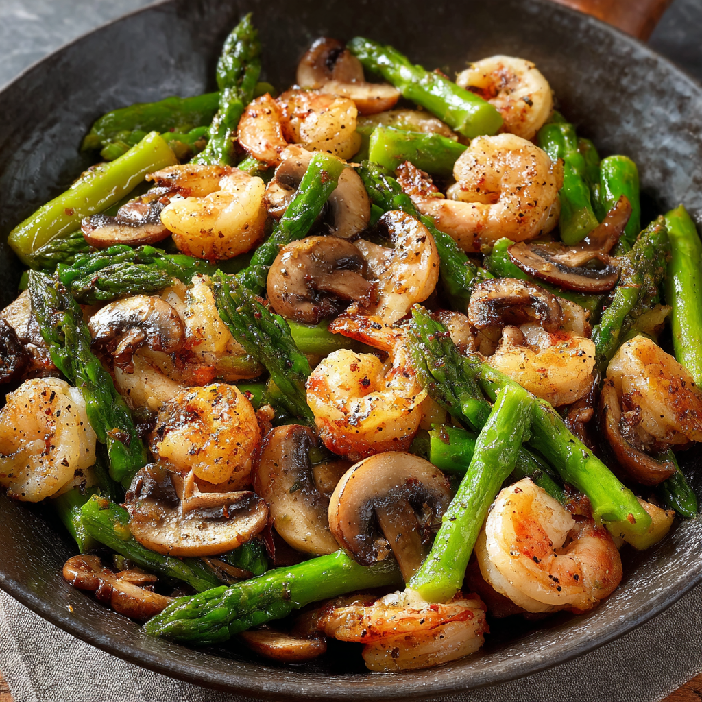 A stir-fried dish with shrimp, asparagus, and mushrooms.