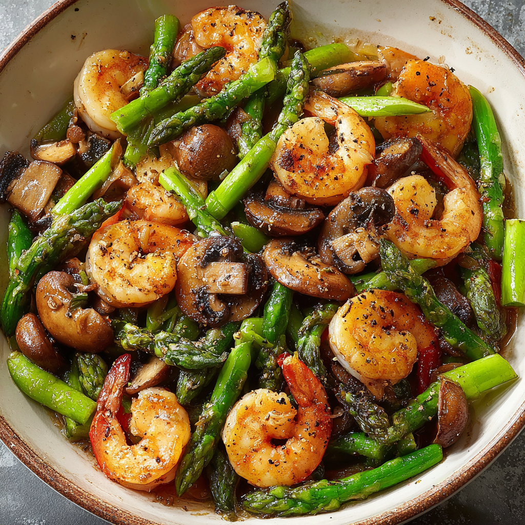 A bowl of stir-fried shrimp, asparagus, and mushrooms.