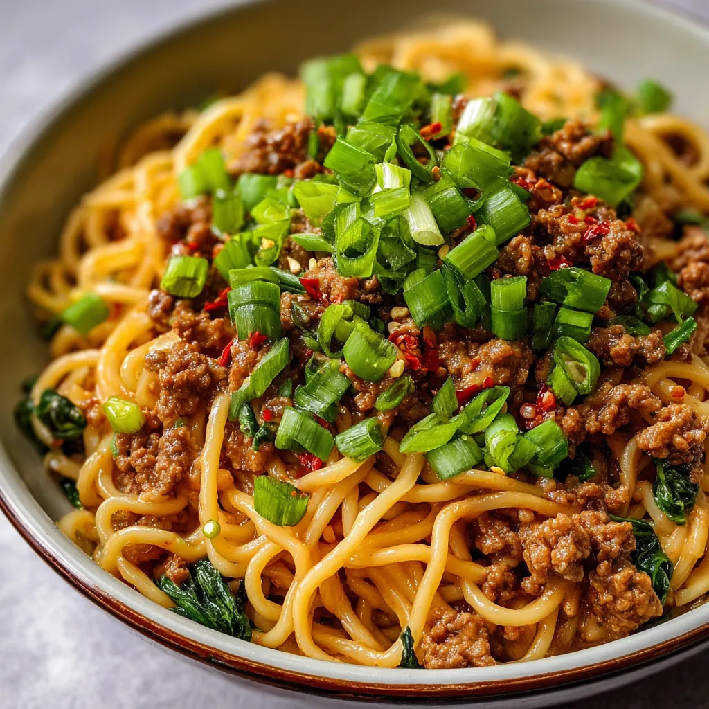 A bowl of noodles with green onions and red peppers.
