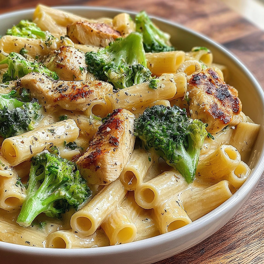 A bowl of creamy chicken and broccoli pasta.