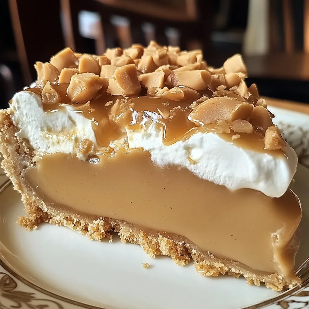 A slice of butterscotch pie on a plate.