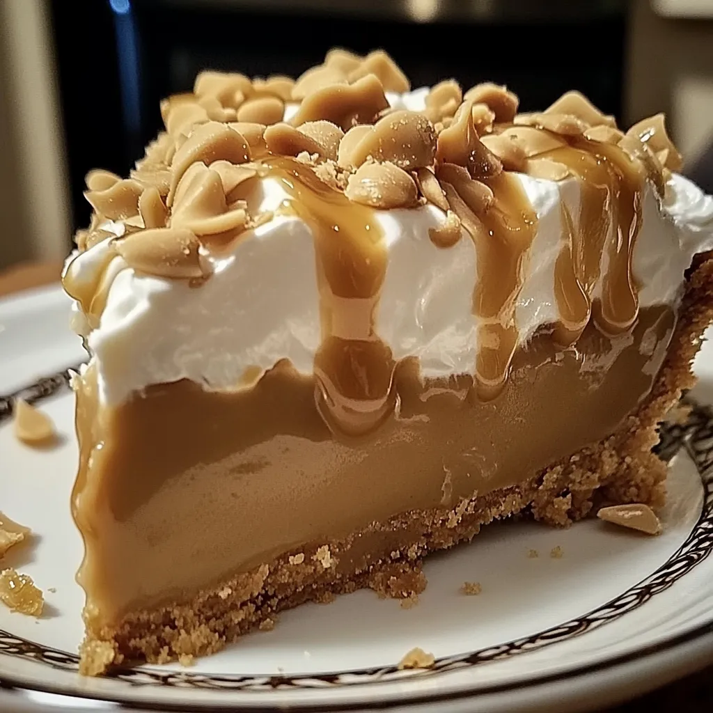 A slice of butterscotch pie with caramel drizzle.