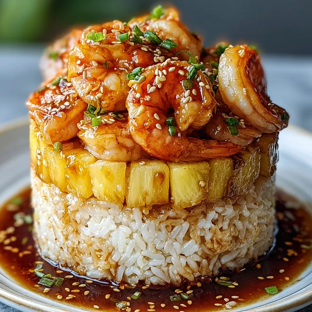 A stack of rice with shrimp and pineapple on top.