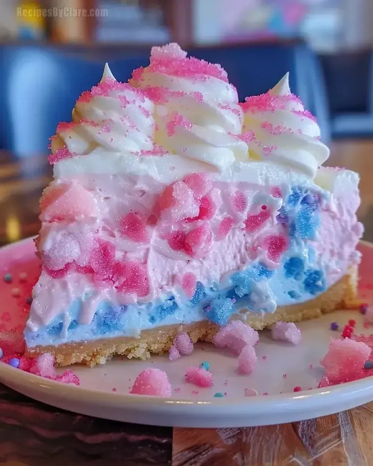 A slice of cotton candy cheesecake dessert.