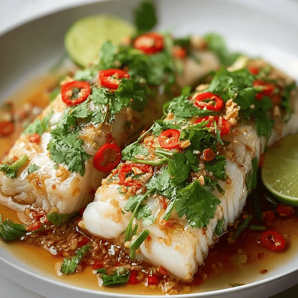 A plate of Thai Lime-Garlic Steamed Fish.