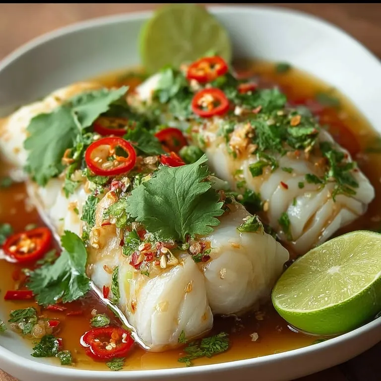 A plate of Thai Lime-Garlic Steamed Fish.