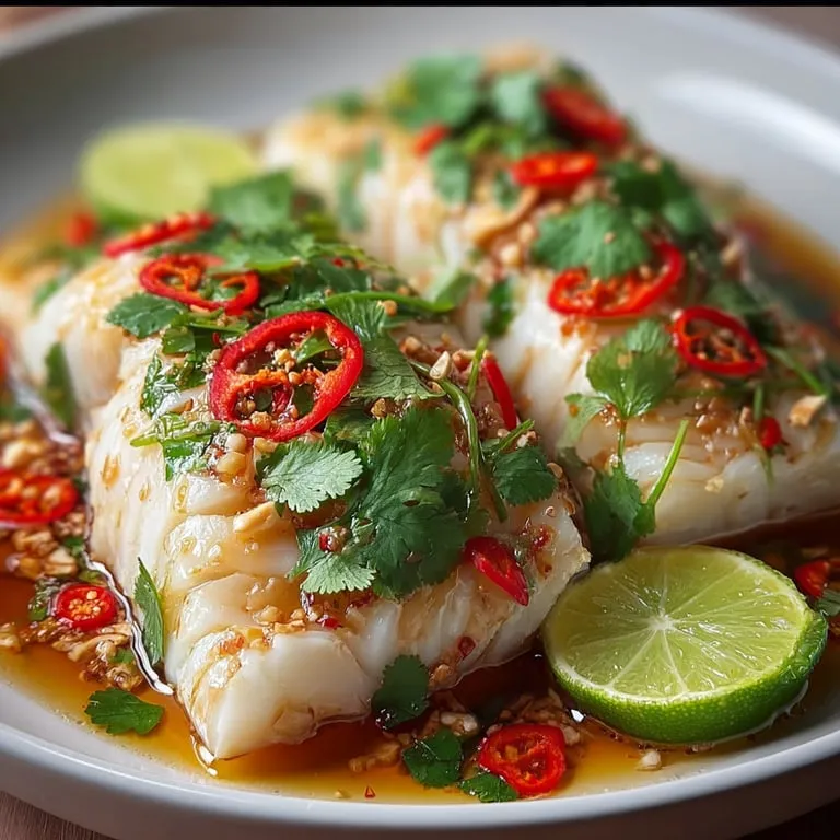 A plate of Thai Lime-Garlic Steamed Fish.