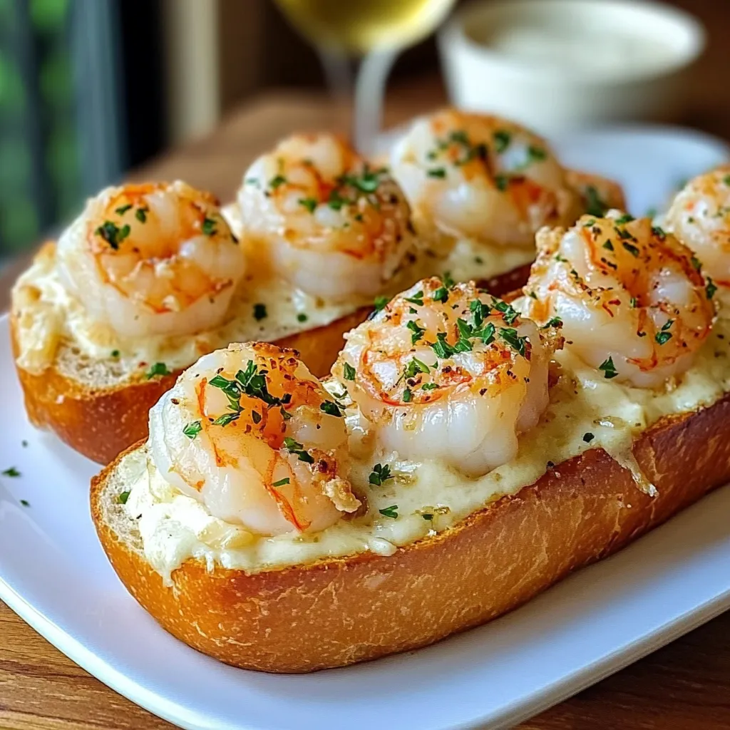 A plate of garlic bread with shrimp on top.