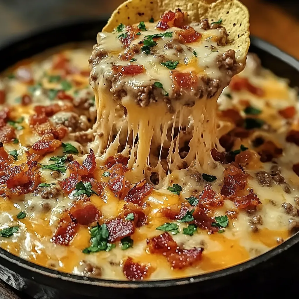 A close up of a bacon cheeseburger queso dip.