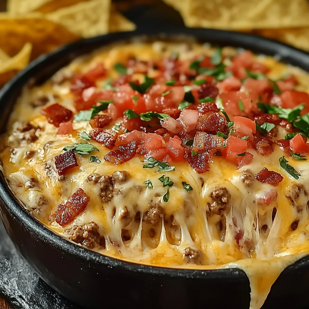 A bowl of bacon cheeseburger queso dip.